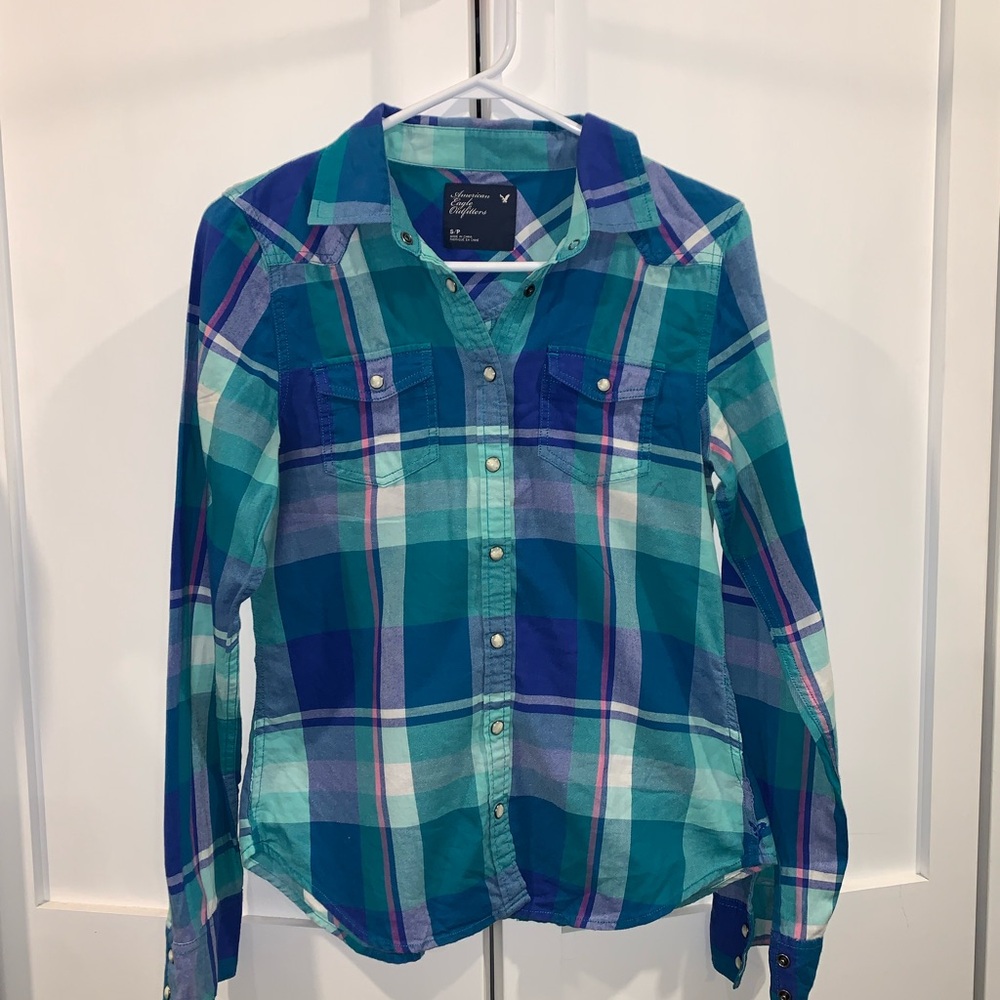 American Eagle Outfitters Teal and Navy Plaid Shirt